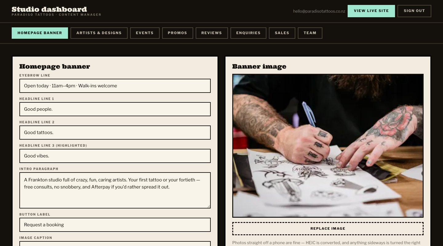 The Paradiso Tattoos studio dashboard, homepage banner editor